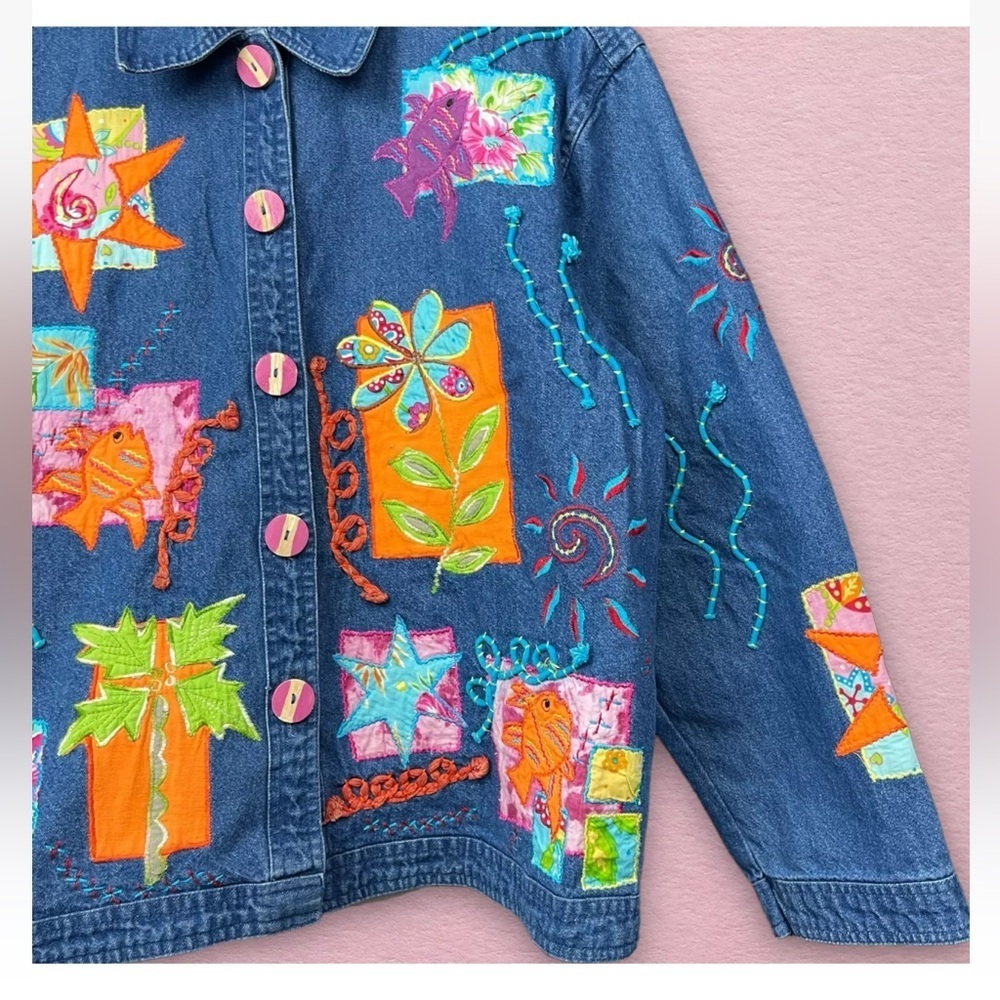 Vintage Artsy Embroidered 3D Popart Denim Jacket - Picture 14 of 16